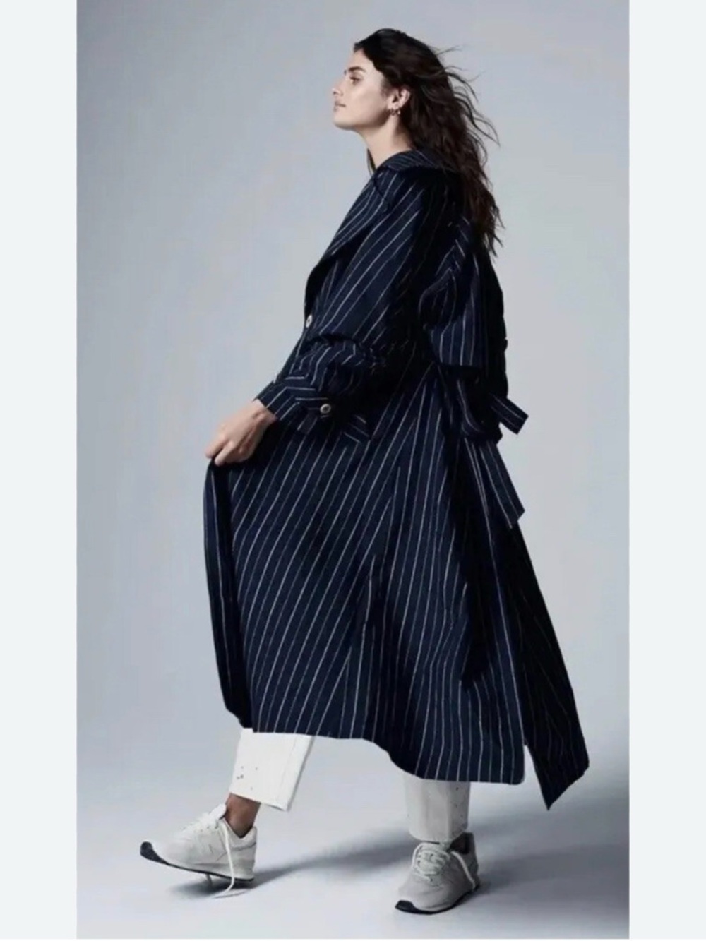 Striped Black Trench Coat - Women's Longline Coat - Picture 3 of 12